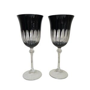 Vtg Le Stelle Italy Set of 2 Black Wine Glasses Diamond Cut Glass Crystal